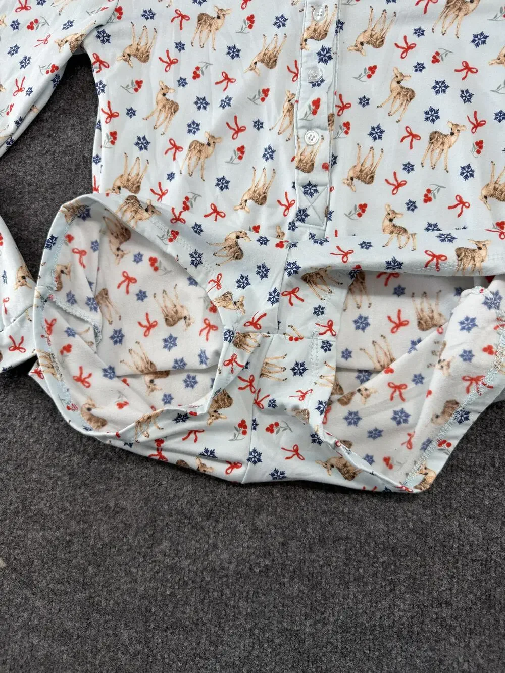 Pajama Romper Womens M Blue Deer Snowflake Christmas Fleece Button Long Sleeve